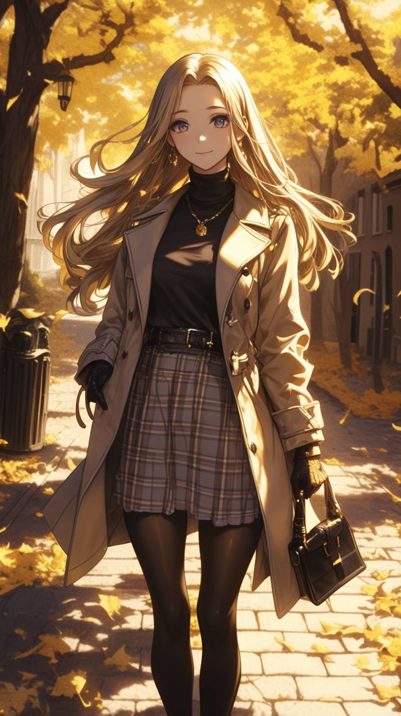 Warschauer schicker Herbststil: camel-beiger Trenchcoat, Lederhandschuhe, kniehohe Stiefel, gemusterter Schal, Straße mit herbstlichen Blättern.