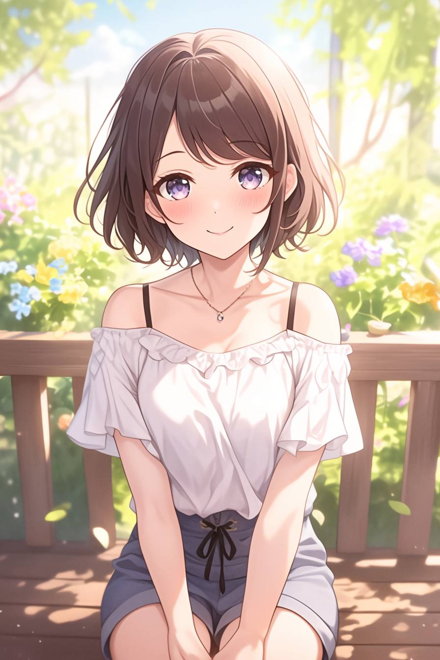 Mikako Satsukitane est assise sur un banc dans le parc, portant un t-shirt blanc, une jupe rose clair et des ballerines, avec une expression calme et pensive.