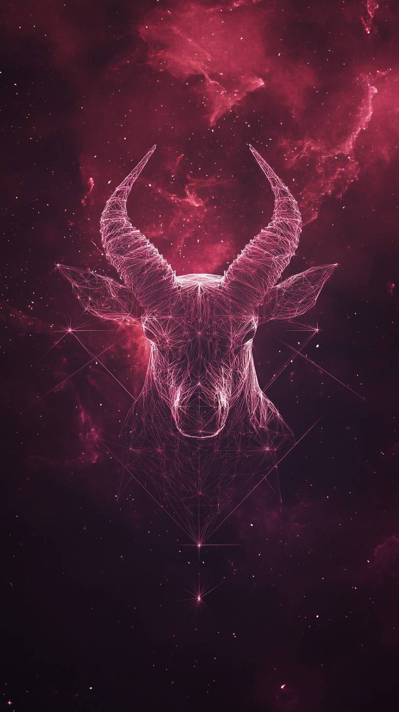 Capricorn symbol made with minimalist geometric lines, softly glowing in a deep red or purple galaxy with a gentle fade into the stars.