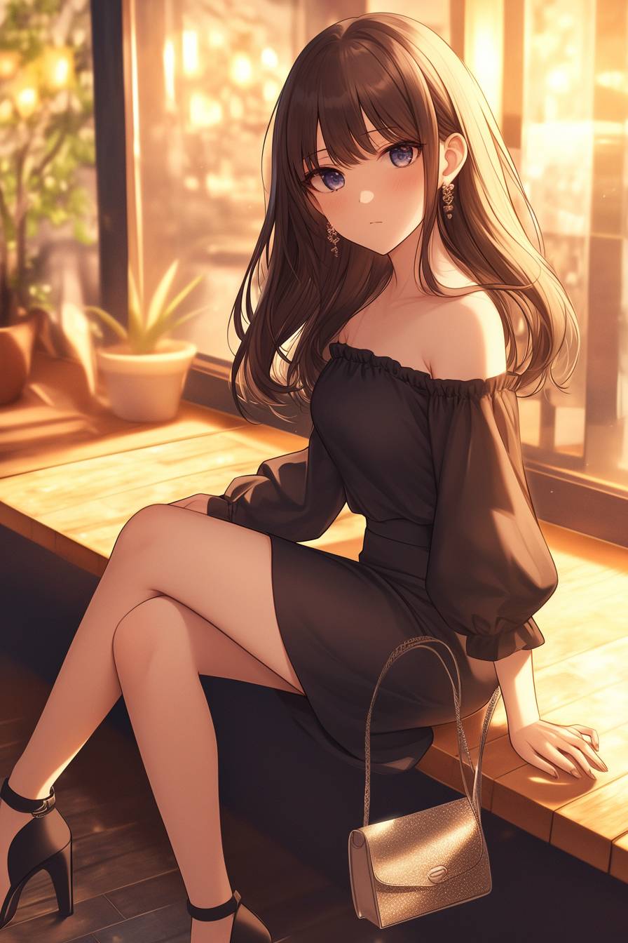 A charming anime girl in an off-shoulder top, A-line skirt, and ankle strap heels, suitable for a date outfit.