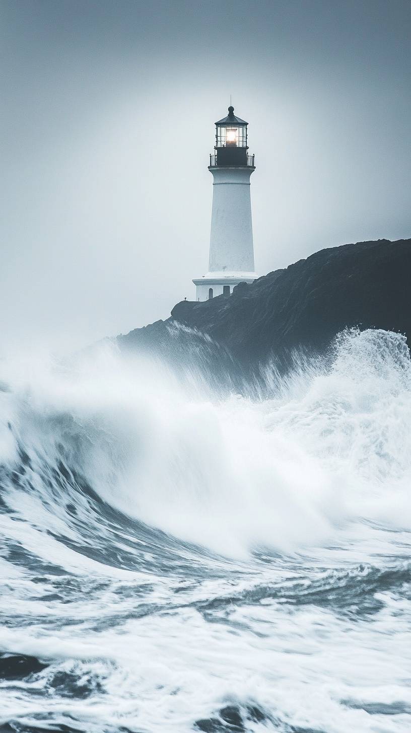 Coastal morning fog, lighthouse beam, ocean waves, atmospheric scene