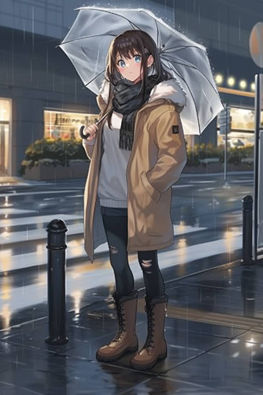 Une fille portant un manteau Canada Goose, des bottes de pluie Hunter et une écharpe Barbour, tenant un parapluie dans une rue de ville pluvieuse.