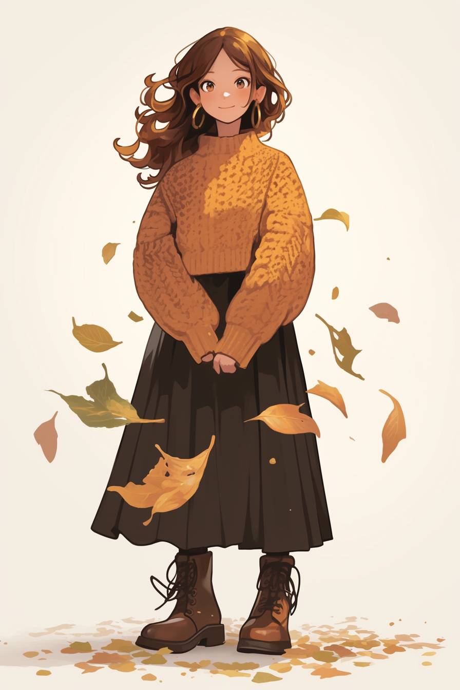 A fashionable anime girl wearing an oversized knit sweater, pleated midi skirt, and brown leather boots, showcasing a cozy autumn style.