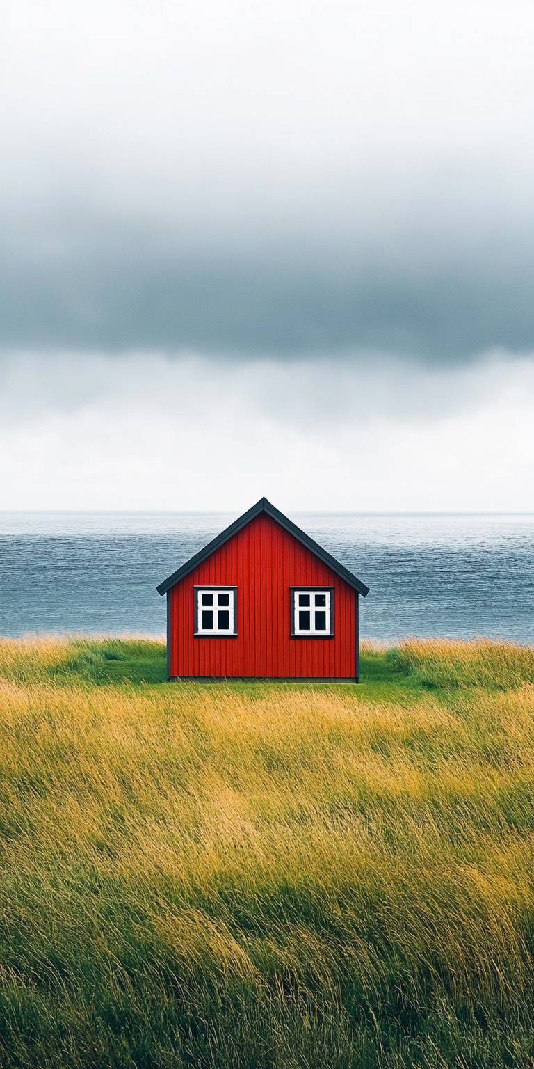 A red house sits on a grassy field behind the ocean, in 20th century Scandinavian style.