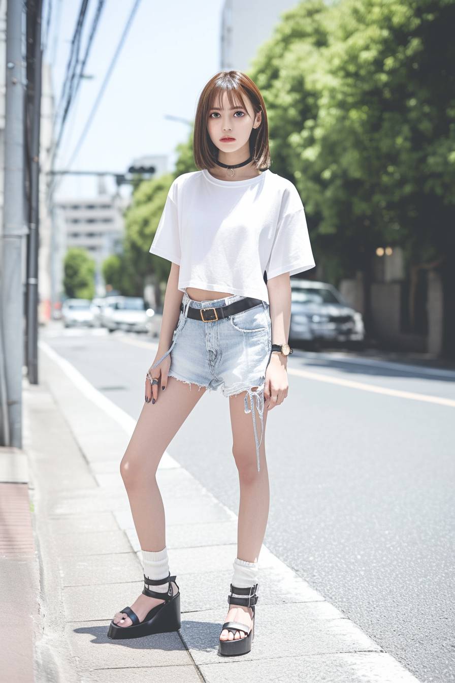 A girl shows street style in a summer basic crop top, light wash shorts, leather sandals, and a delicate choker.