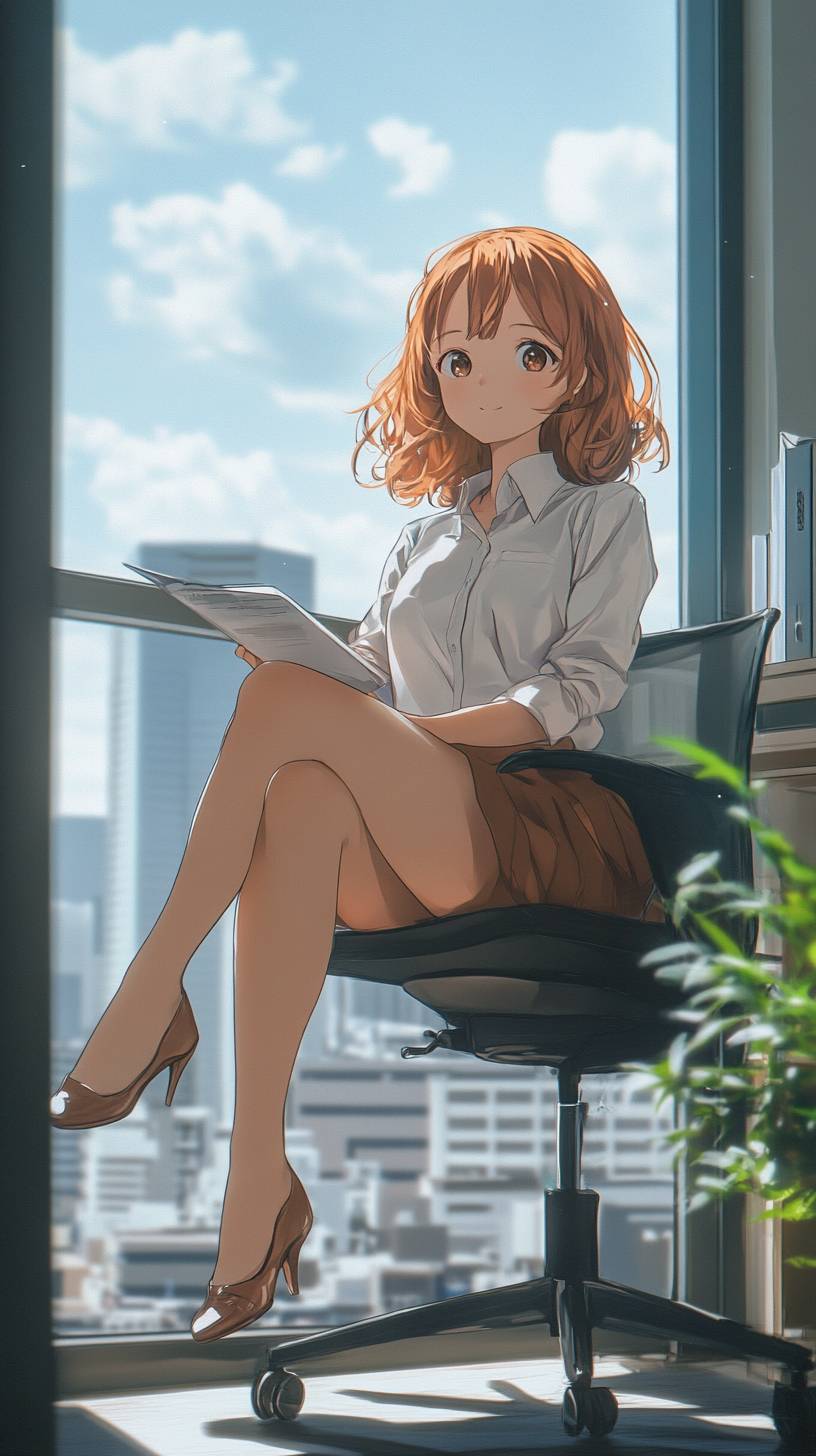 A girl in Toda Erika style wearing a sophisticated minimal outfit and designer flats in a modern office.