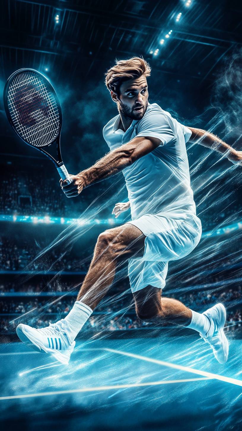 Ein dynamisches Tennis-Wallpaper mit dem besten Tennisspieler in Aktion vor einem immersiven Stadionhintergrund.