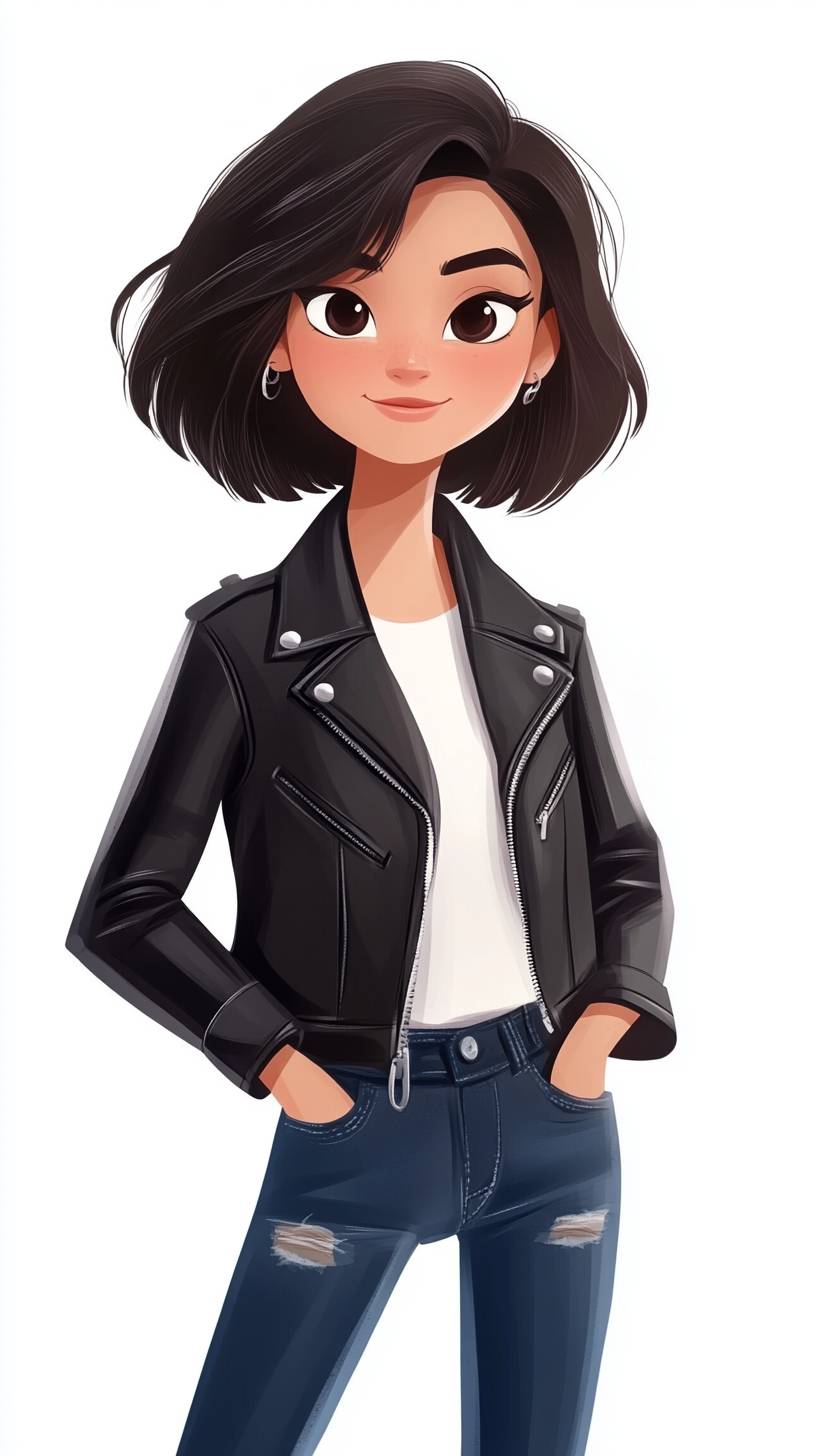 A fashionable young beautiful Chinese girl with short hair wearing a black leather jacket and jeans.