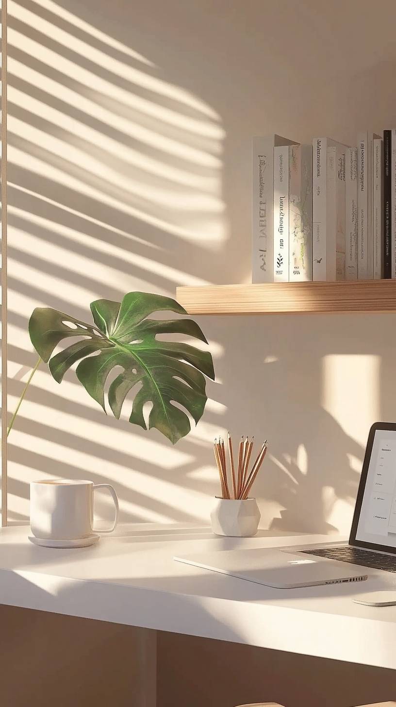 Un espace de bureau à domicile minimaliste avec un bureau blanc, un MacBook, une tasse de café et la lumière du matin projetant des ombres géométriques, accompagné d'étagères flottantes et d'une plante monstera.