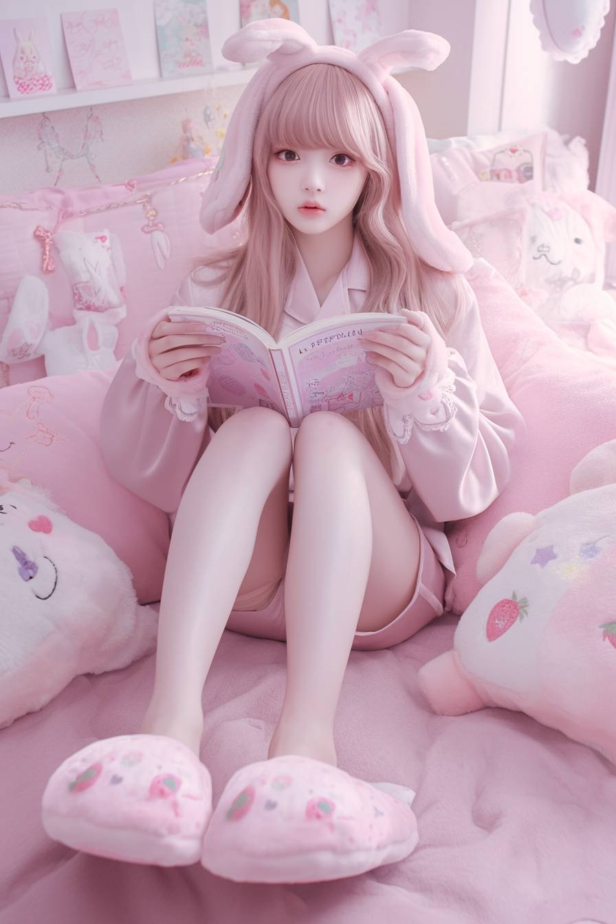 A girl in Blackpink Lisa style pajamas reading a book on the bed in a pastel room.