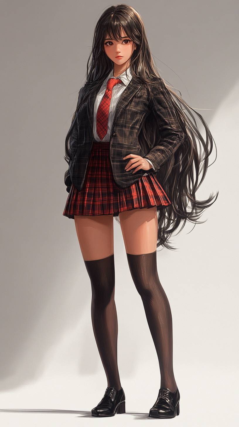 A college girl in school uniform, long hair to one side, youthful and cute, showcasing Chinese aesthetics.