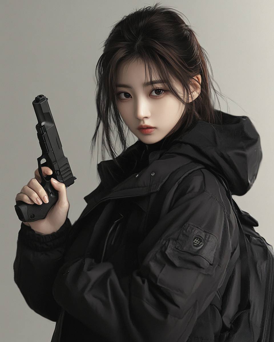 Un personaje femenino coreano sosteniendo una pistola, en pose de lado, estilo anime moe.