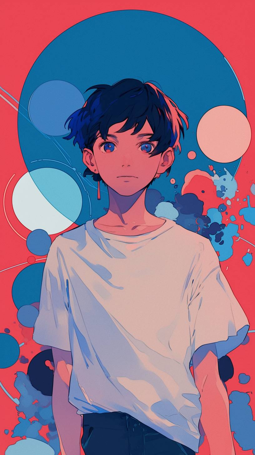 An anime boy with a gentle expression, abstract circular shapes in the background.