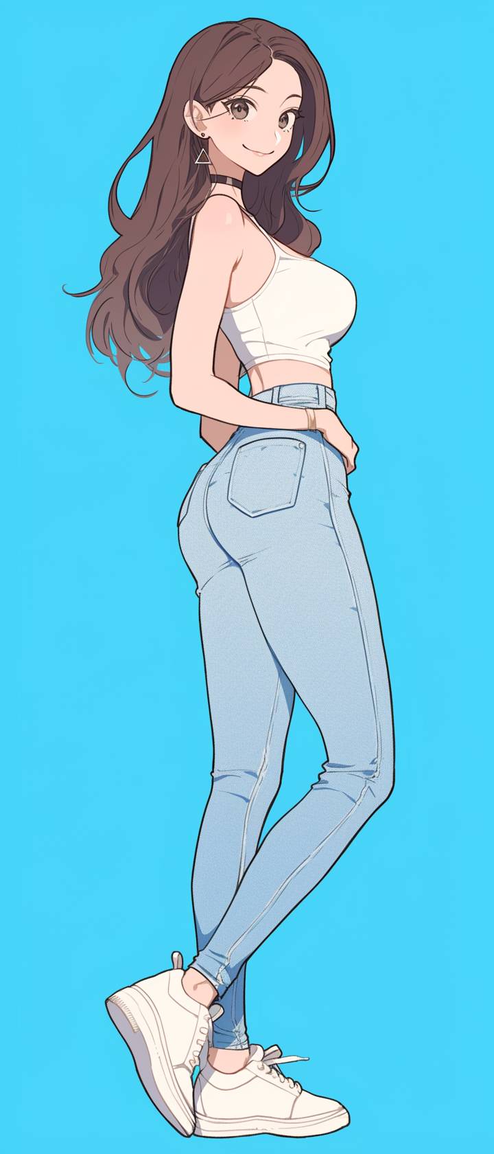 Personagem feminina de anime vestindo uma camiseta branca e jeans azul claro, roupa casual e confortável, tênis, estilo cotidiano chique.