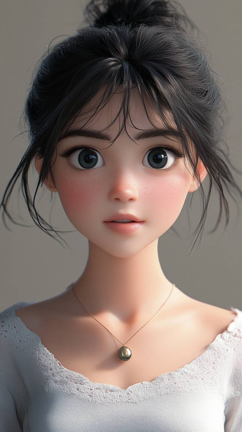 若い美しい女の子、一貫した動作と表情、黒髪、ディズニーピクサーのスタイルの3Dキャラクター、詳細なハーフボディショット。