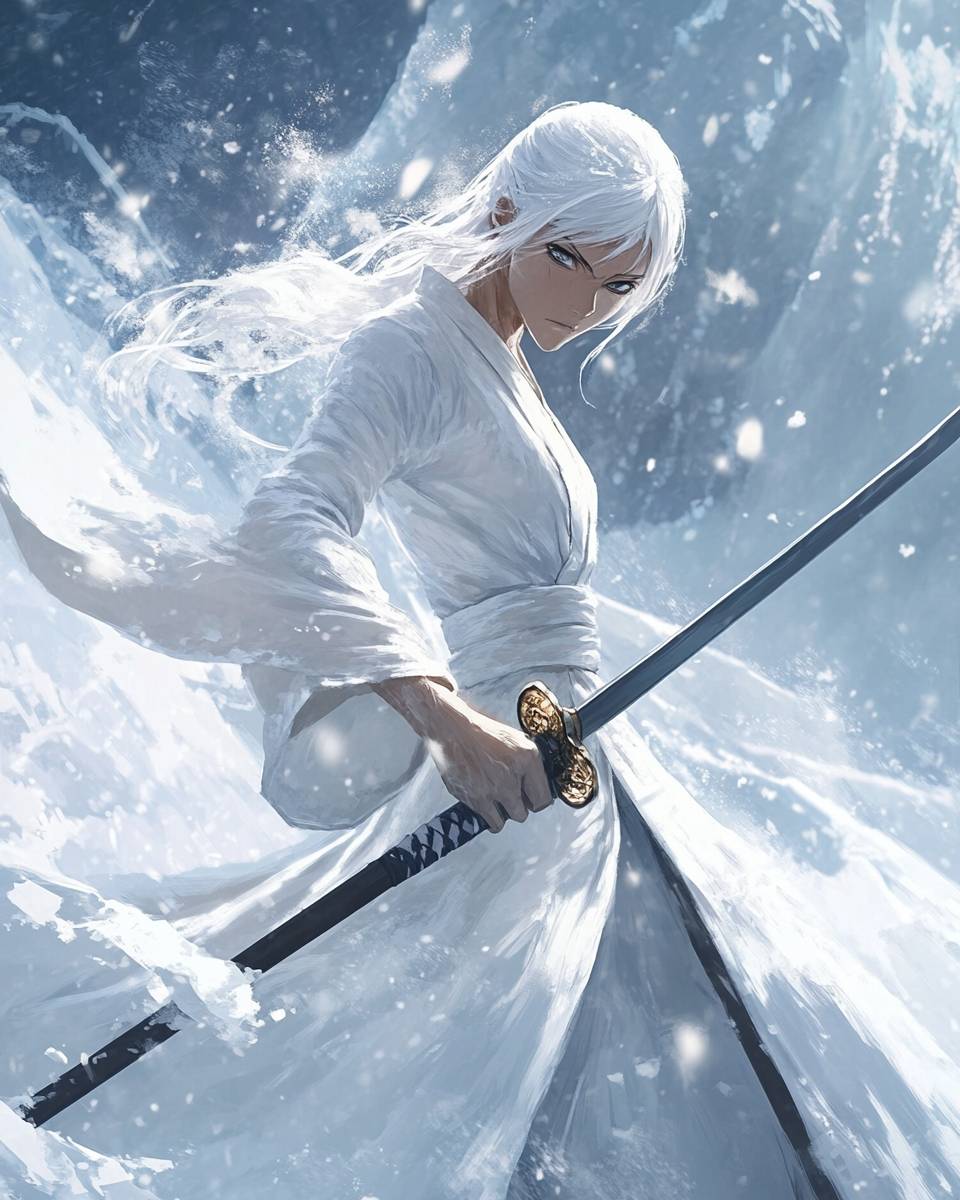 Rukia Kuchiki en robe blanche brandit sa katana sur fond de bâtiments de glace.