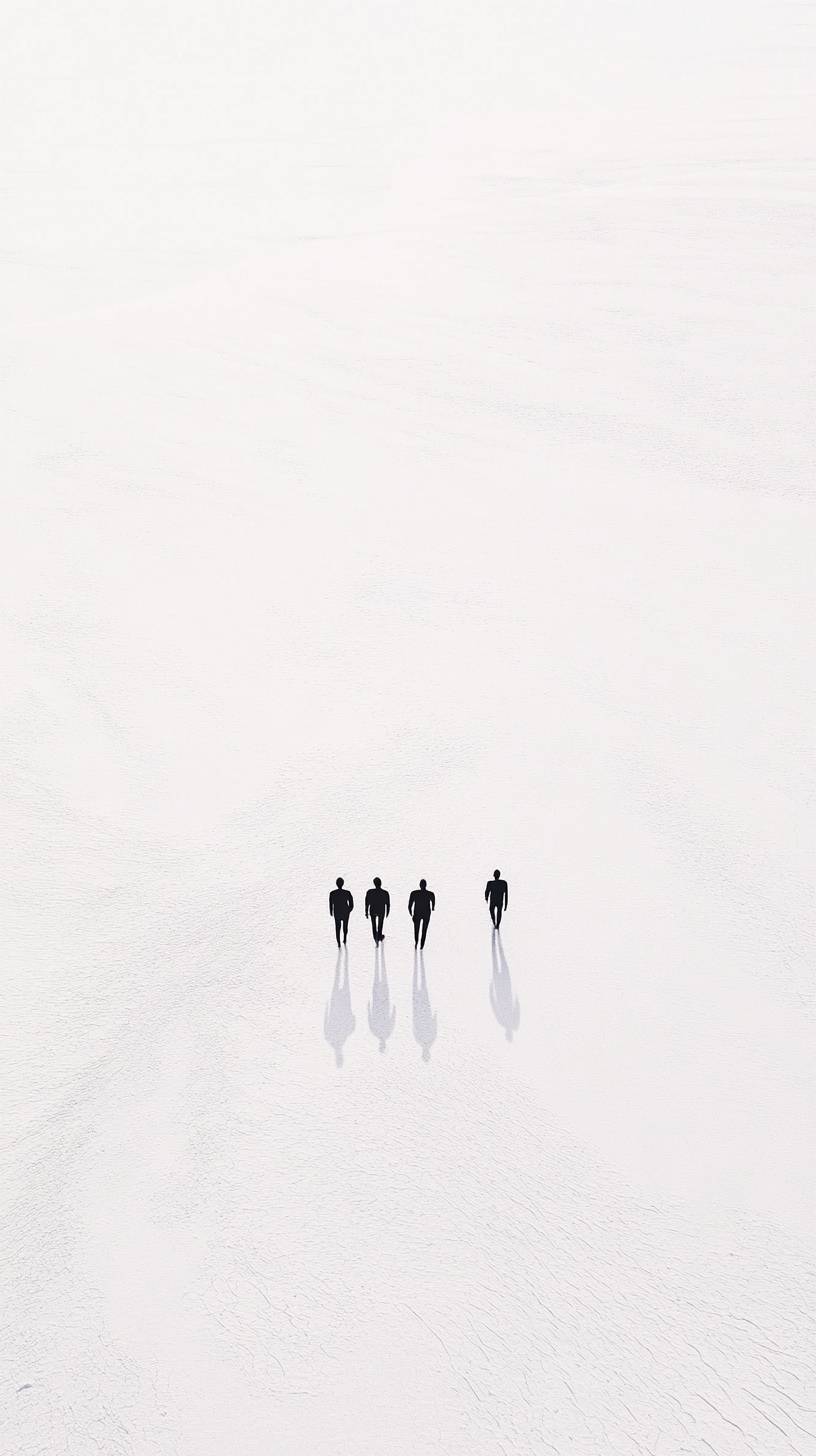 Three people stand in the middle of a white desert, appearing as small dots in an aerial view.