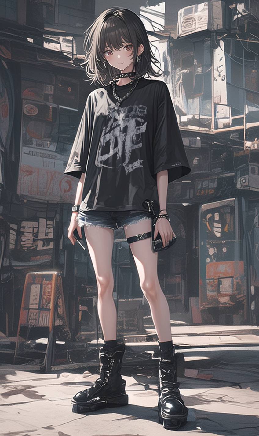 A girl wearing a loose fit tee, frayed denim shorts, combat boots, and silver accessories showcases urban street style with tousled medium hair in an urban landscape.