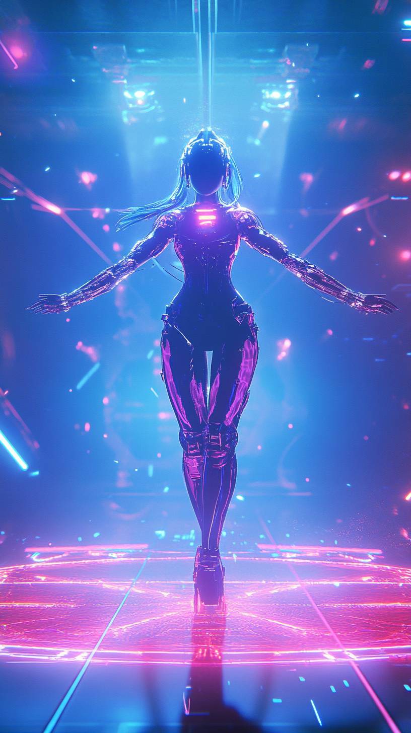 A girl in Aespa Karina style wearing a futuristic stage outfit with holographic details and two-tone hair.