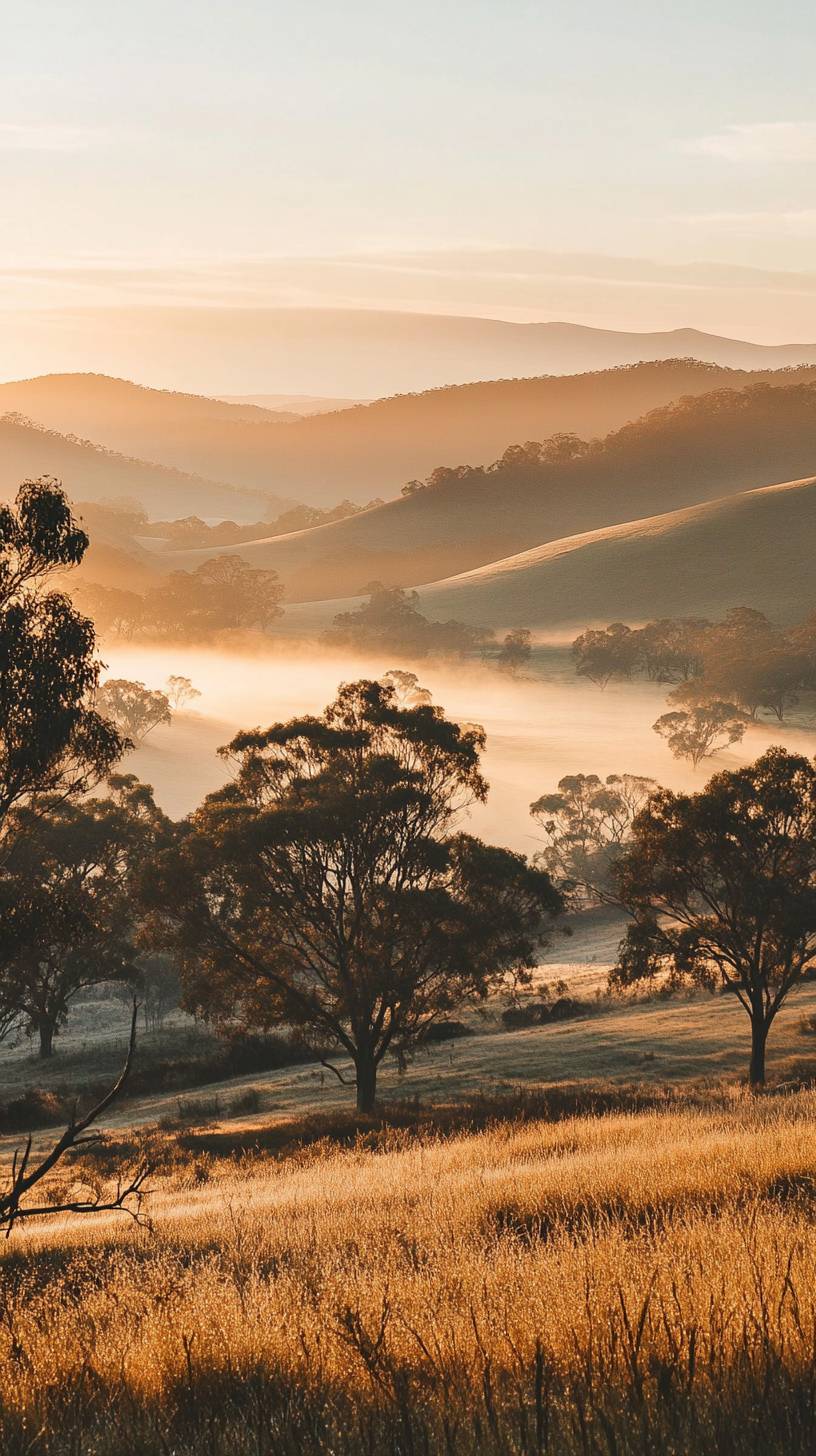 Vale enevoado ao amanhecer, colinas suaves e luz dourada em uma paisagem serena.