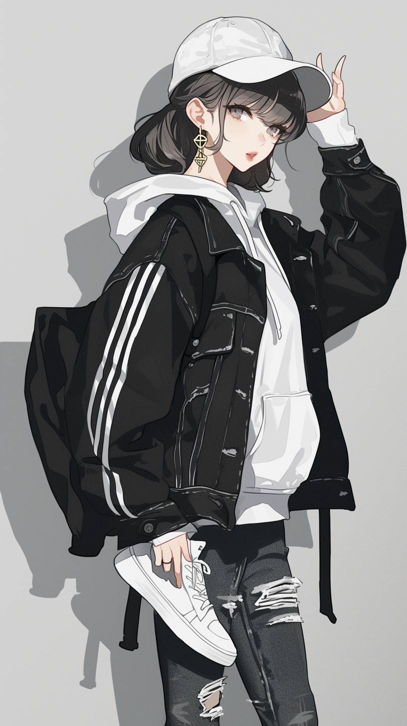 Chica de anime con chaqueta de mezclilla negra, sudadera blanca de gran tamaño y jeans rasgados, inspirada en el estilo urbano de Kendall Jenner.