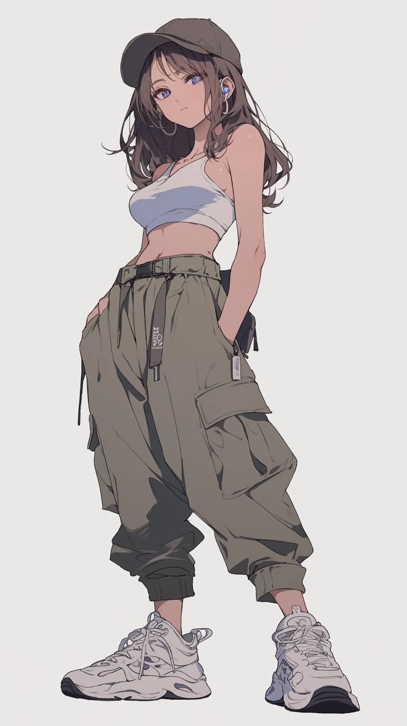 Chica de anime con top sin mangas y pantalones cargo, estilo urbano, look cómodo con un toque moderno, sneakers de moda.