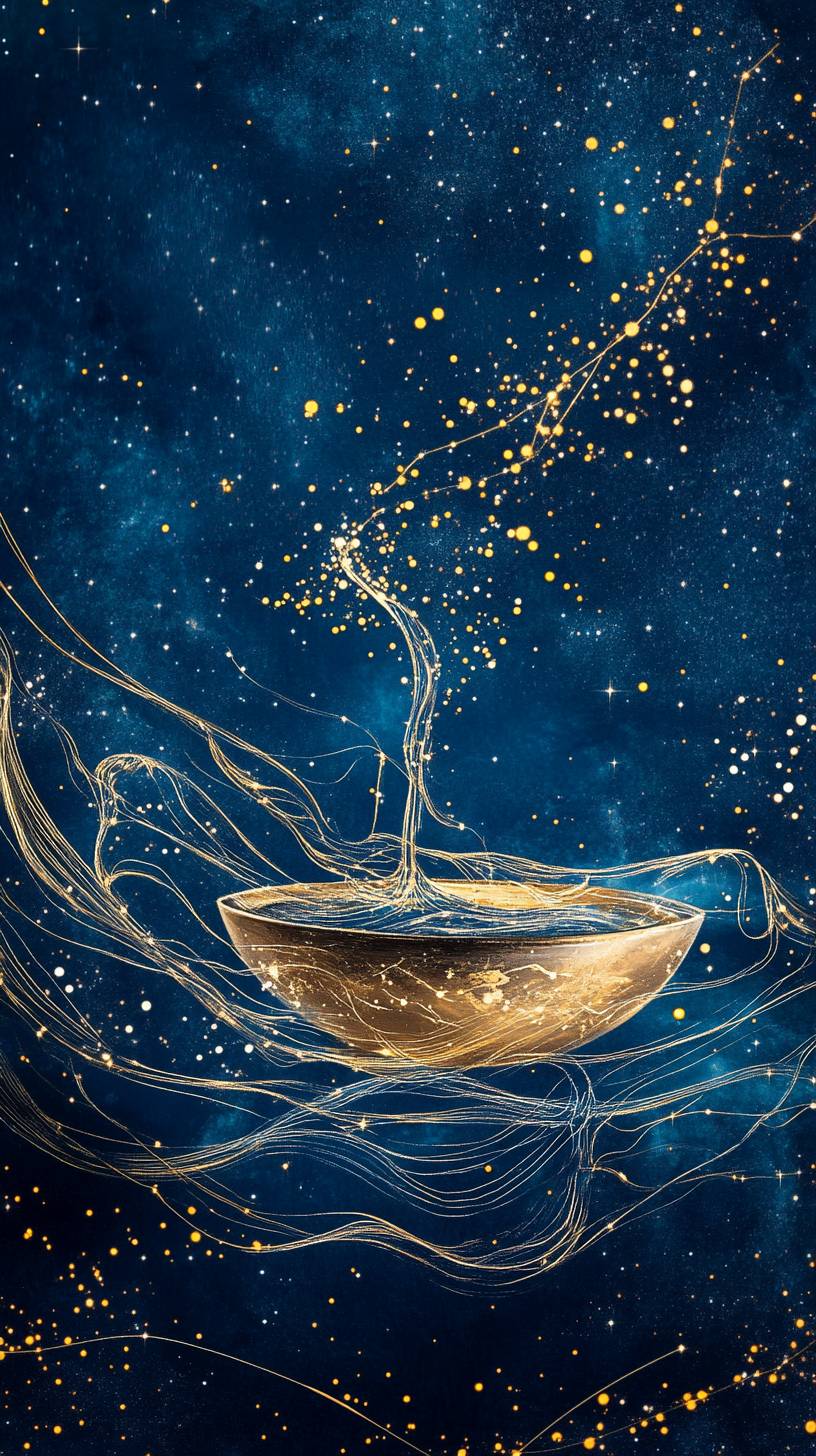 Aquarius constellation with water flowing from a golden urn, set against a deep blue starry sky.