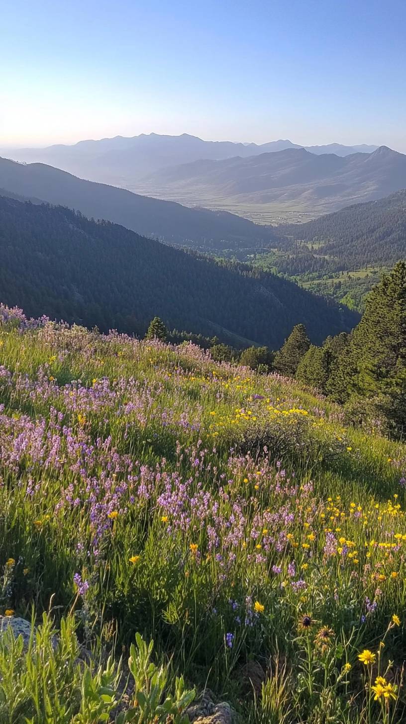 Flores silvestres da montanha, orvalho da manhã, picos distantes, ar fresco e limpo.