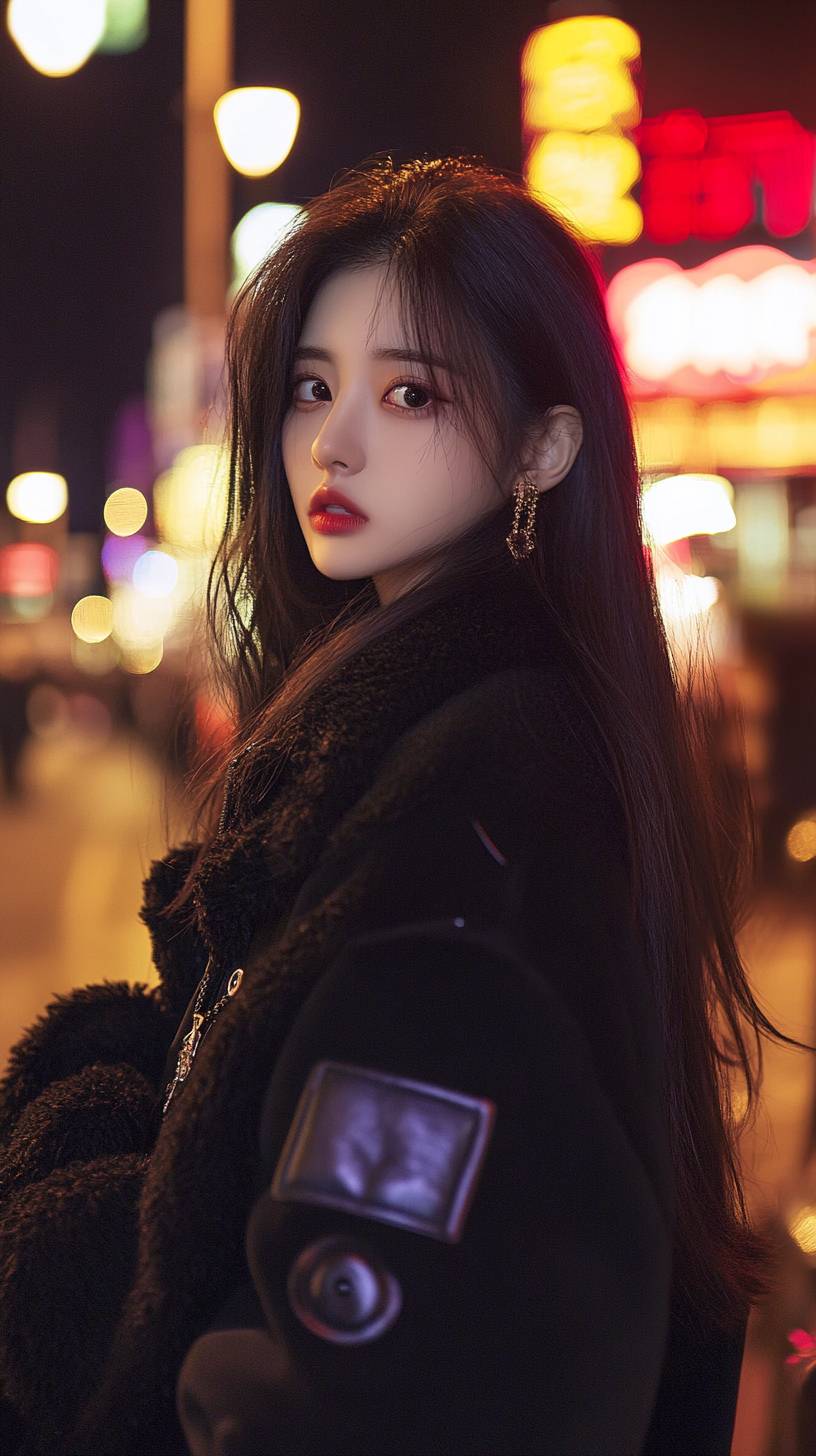 Personnage Ju Jingyi en mode chinoise moderne, cheveux longs et raides, nuit en ville.