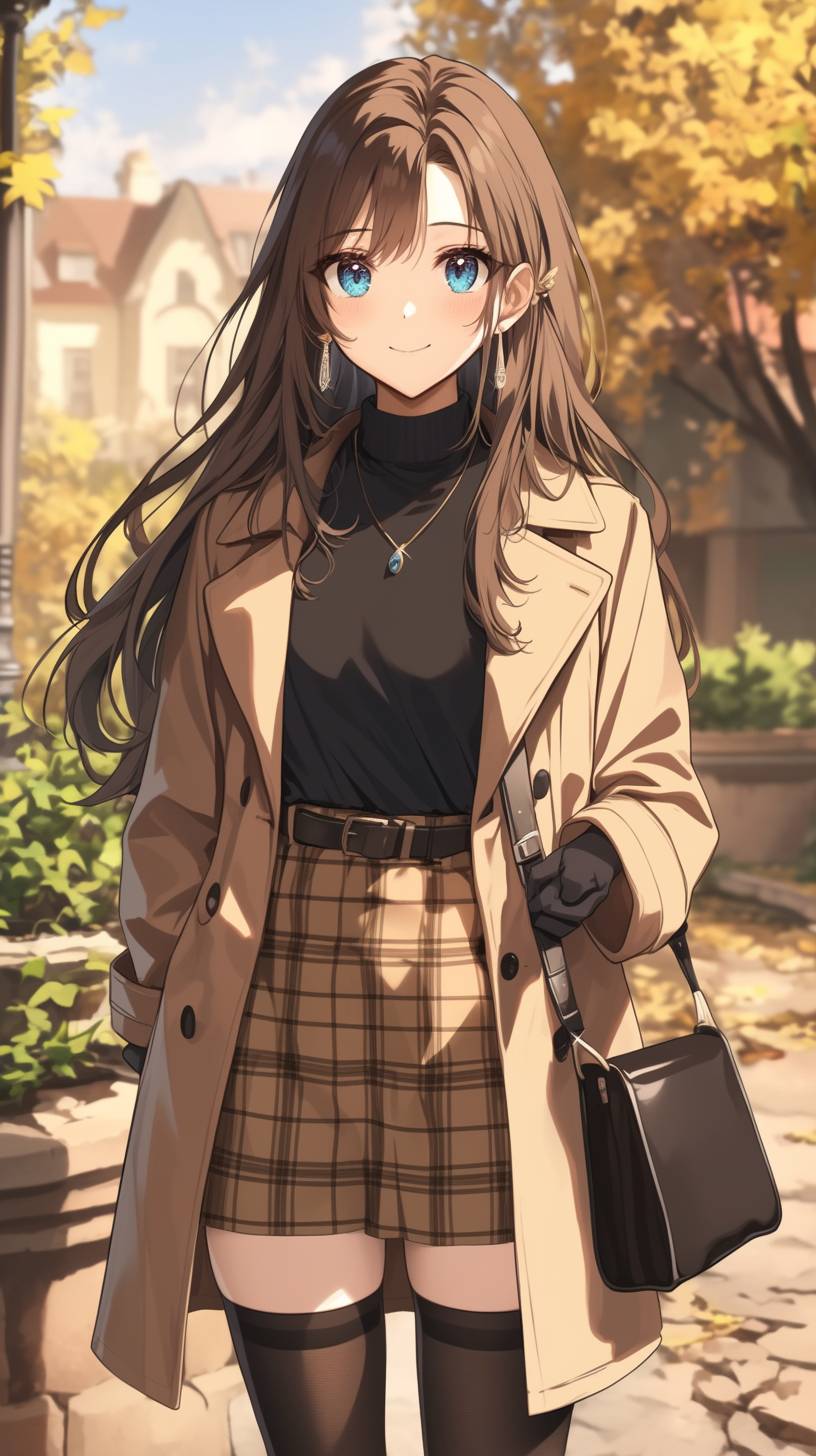 Czech anime girl showcasing winter fashion in a checkered coat and turtleneck sweater.