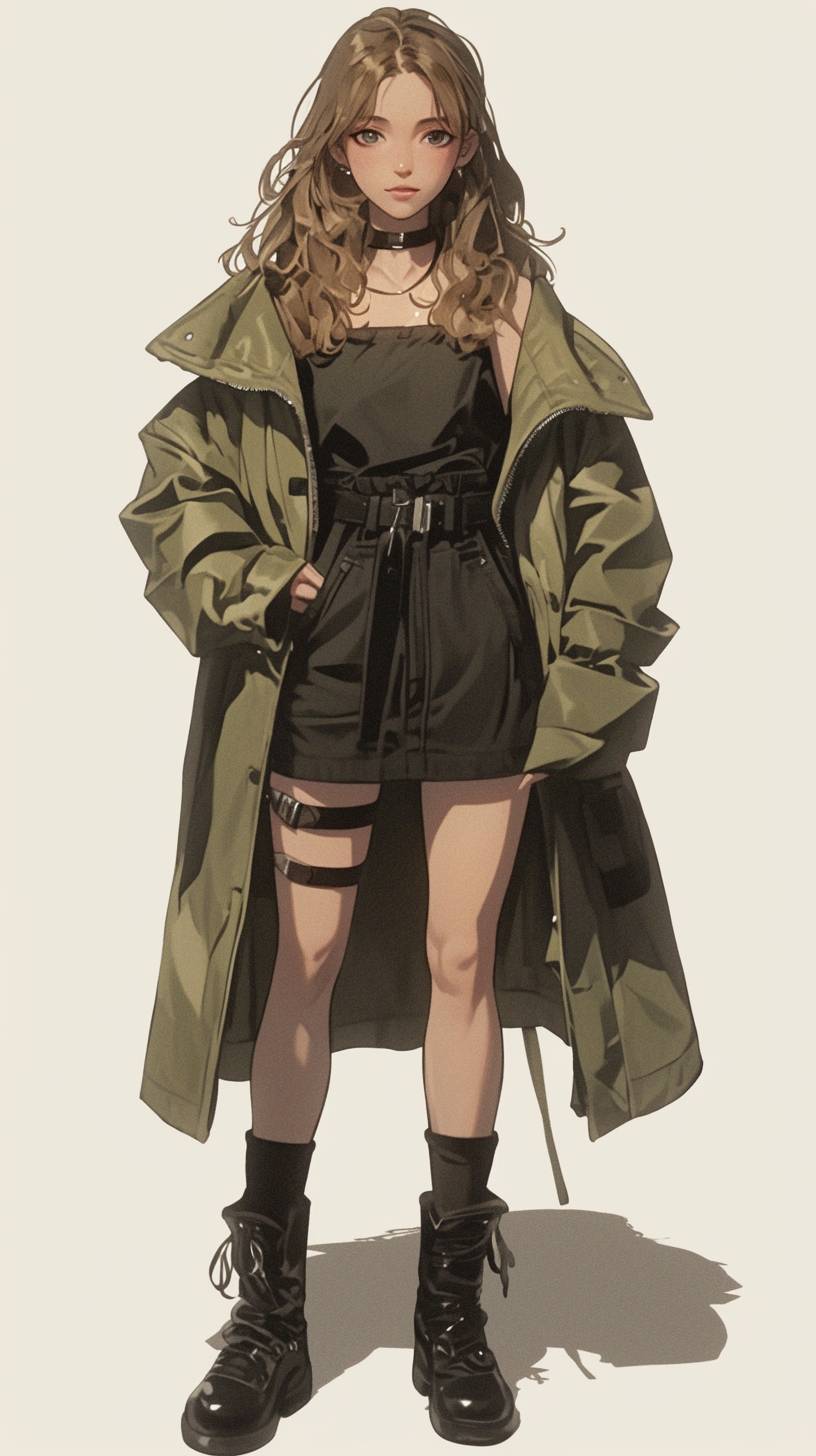 New Zealand anime girl wearing an organic cotton dress and leather boots, showcasing nature-inspired style.