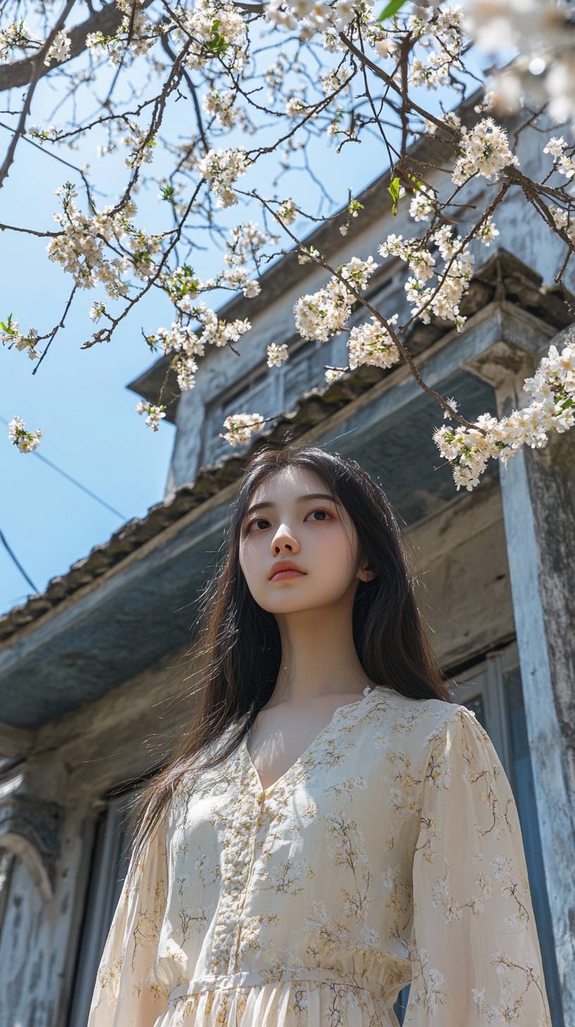 In spring, a beautiful Chinese girl in a light-colored long dress stands under the blooming tassel tree in front of an old house.