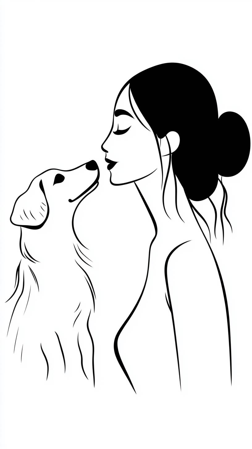 女性と彼女の犬を描いた白黒のイラストで、シンプルで抽象的な線で描かれ、現代的なカートゥーンスタイルです。