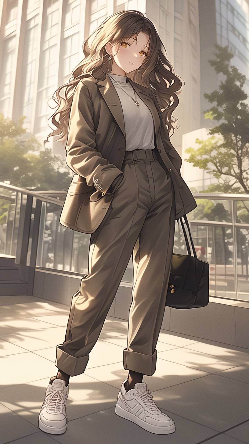 A girl wears a Zara blazer, high-waisted pants, Adidas Stan Smith sneakers, and a Coach shoulder bag against an office building background.