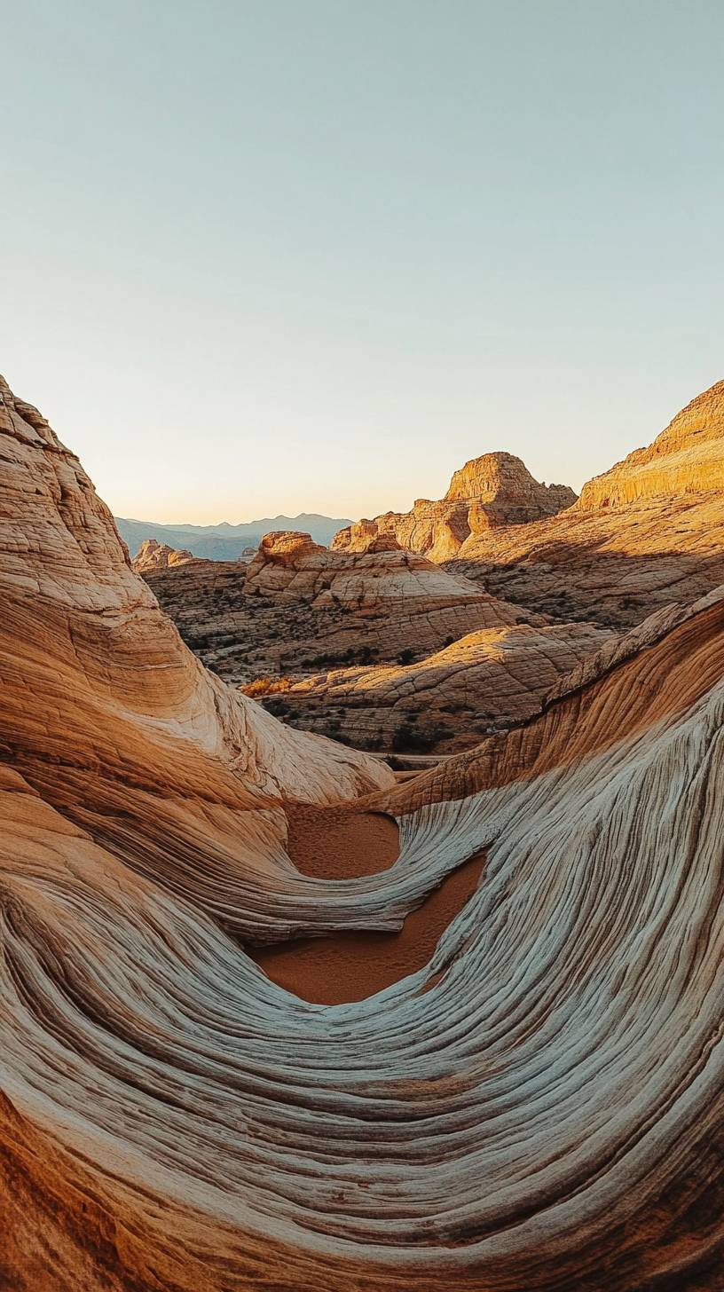 Canyon désertique à l'heure dorée, montrant des formations rocheuses en couches et une lumière chaude, une scène majestueuse.