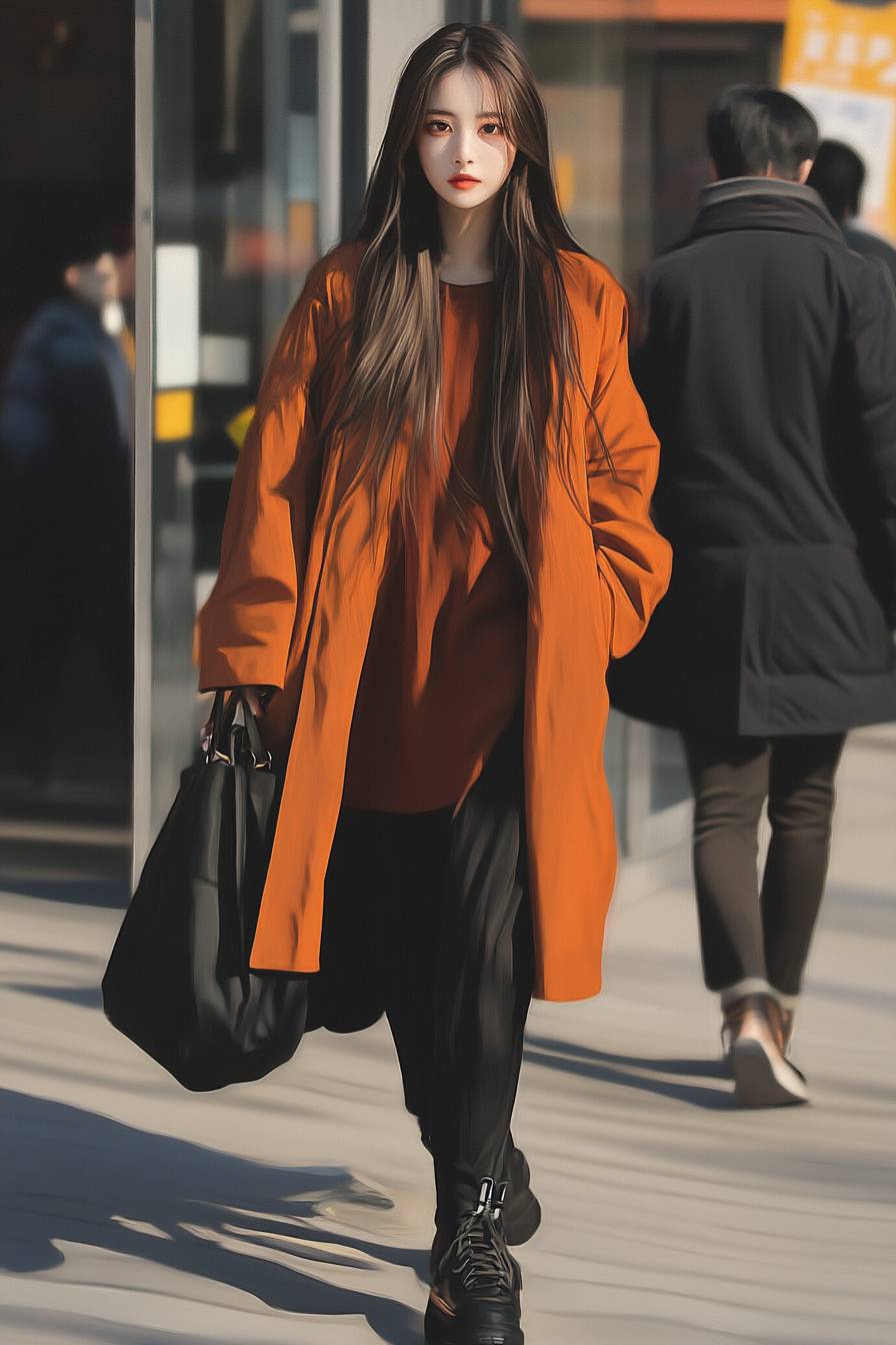 Una chica con un elegante atuendo de diseñador coreano caminando por las calles de Seúl.