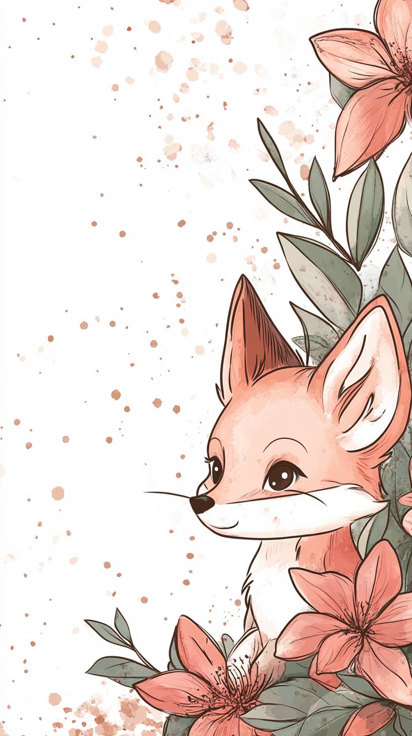 Une illustration d'un petit renard mignon émergeant d'un buisson de fleurs avec des tons chaleureux.