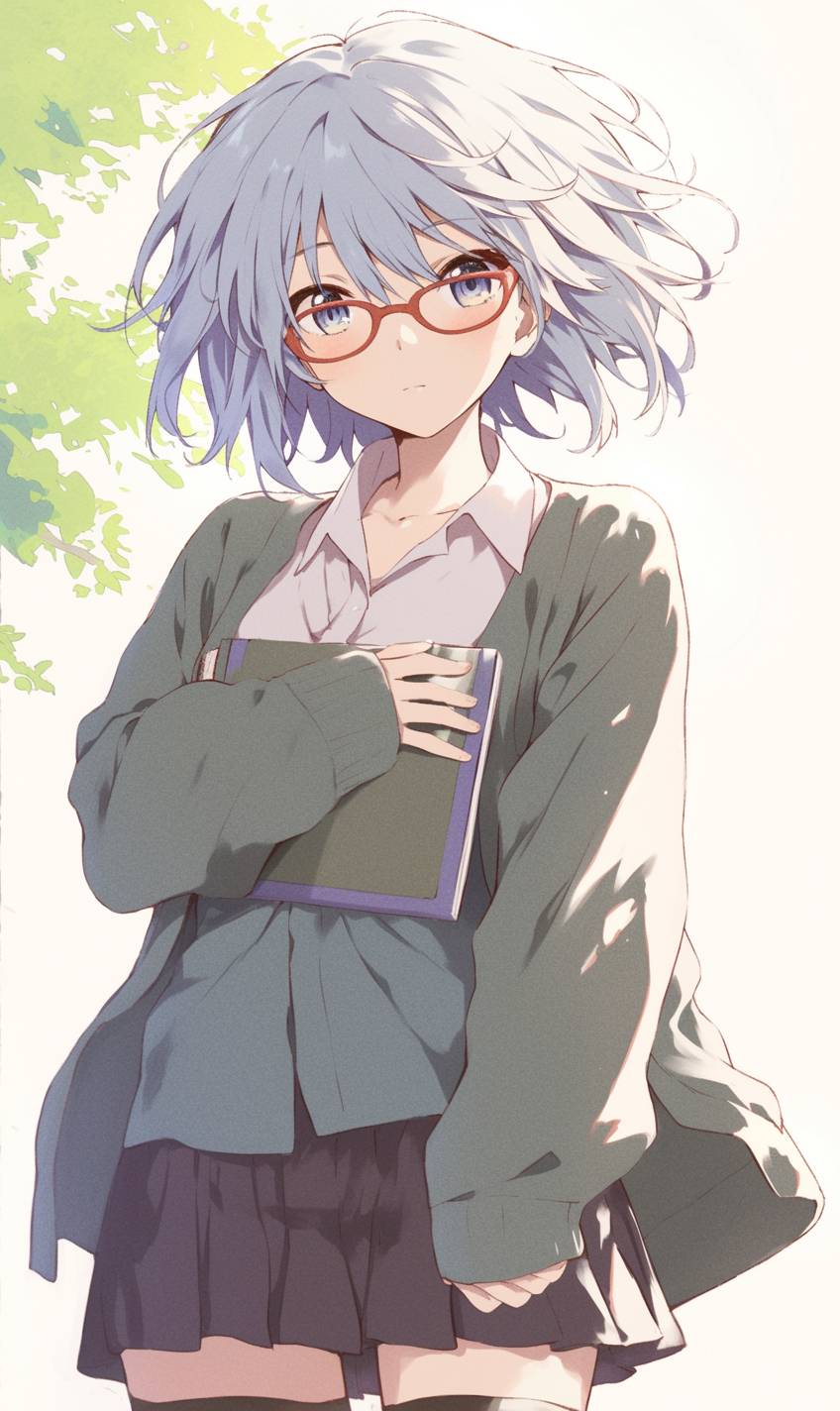 Yuki Nagato de La melancolía de Haruhi Suzumiya con un atuendo casual simple, leyendo un libro en un rincón tranquilo.