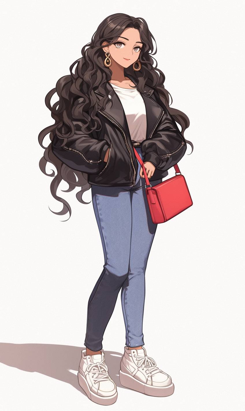 Anime girl inspired by Zendaya's street style, wearing a black leather jacket, high-waisted jeans, and white sneakers, combining casual comfort with high fashion.