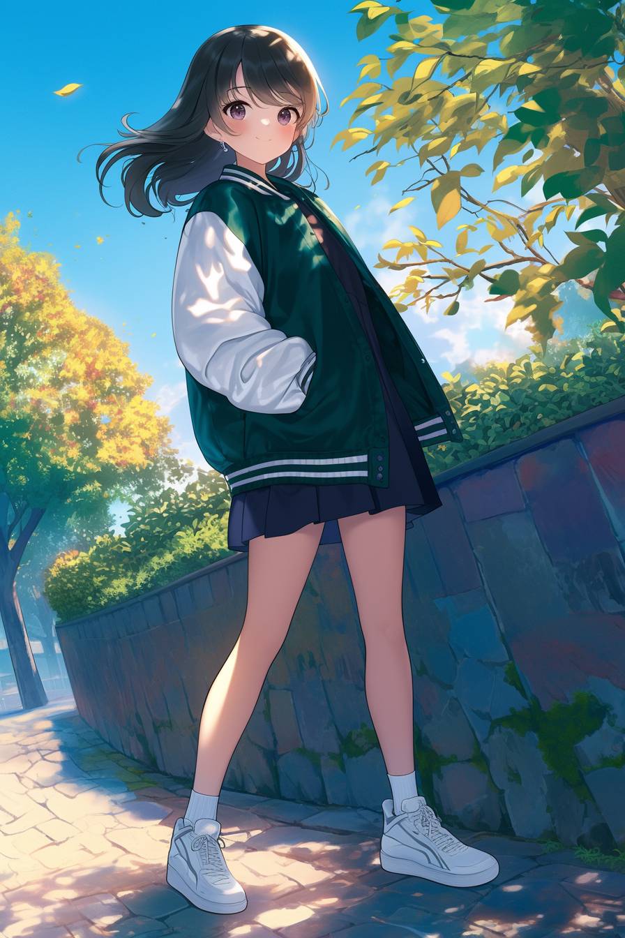 Anime-Mädchen in einem Tennisrock, einer Collegejacke und weißen Sneakers, das sportlichen Casual-Stil präsentiert.