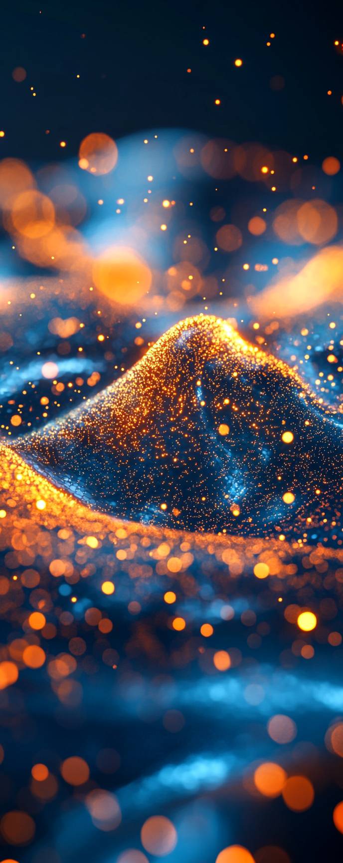 Blue and orange abstract with flowing lights, glittery lines, light cyan and gold, rendered in Unreal Engine with long exposure and selective focus.