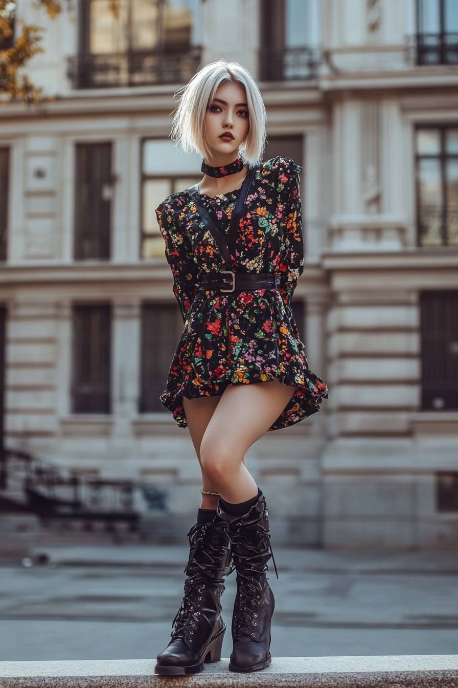 Um personagem de anime no estilo de Florence Pugh, usando um vestido mini da Valentino e botas de combate, com cabelo loiro curto e estilo de rua ousado.