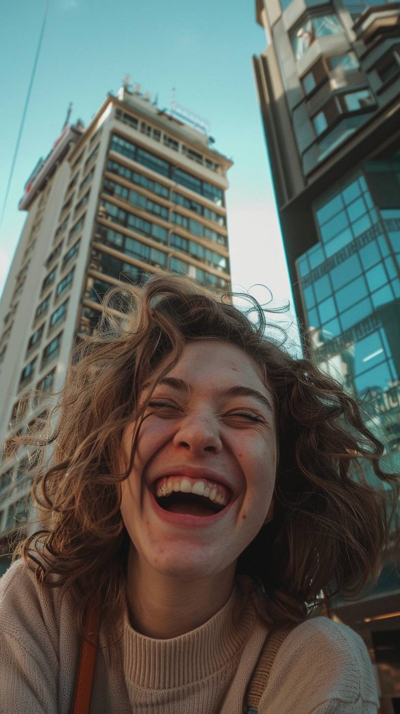 2020s street Instagram selfie of a laughing girl.