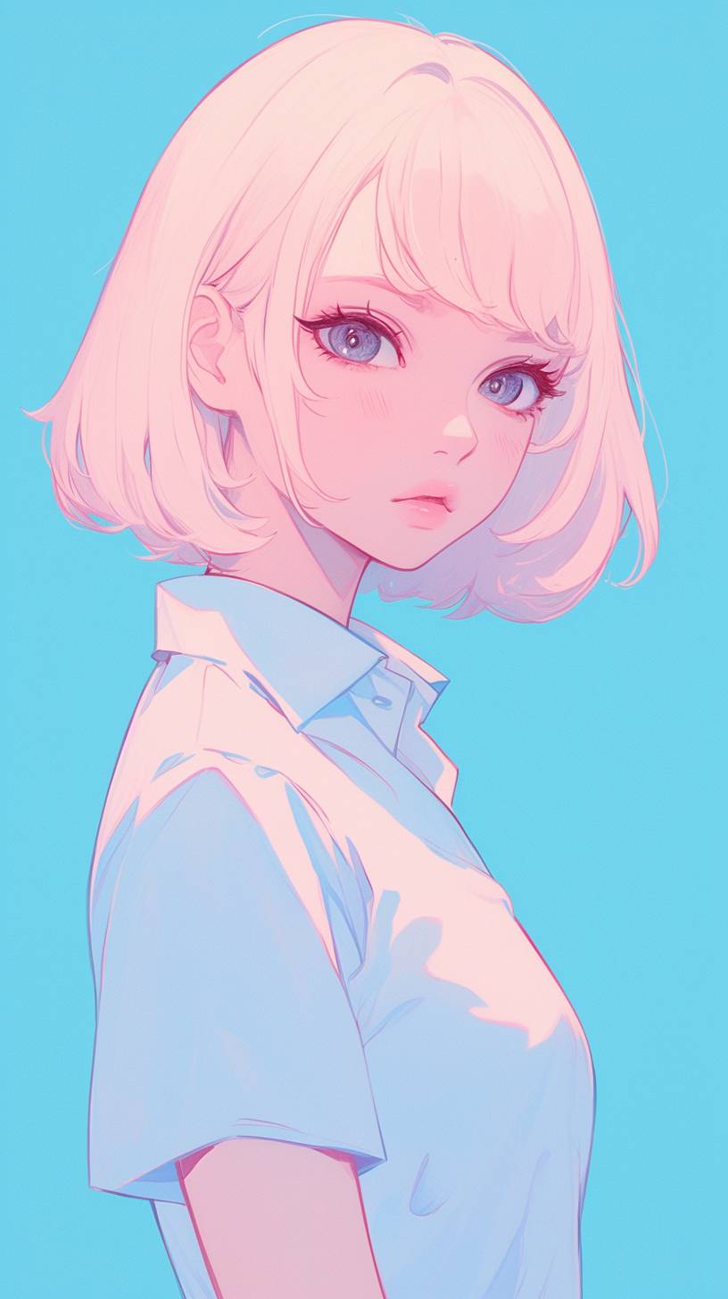 Fille d'anime simple avec les cheveux courts, fond pastel, détails minimes.