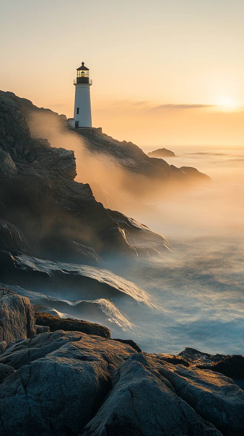 Farol na costa rochosa, leve névoa oceânica, suave nascer do sol, atmosfera costeira.