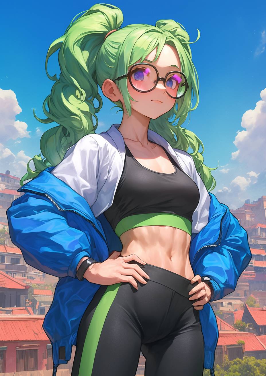 An anime character of a yoga girl wearing bright workout leggings and a cropped sports hoodie, holding a peaceful yoga pose.