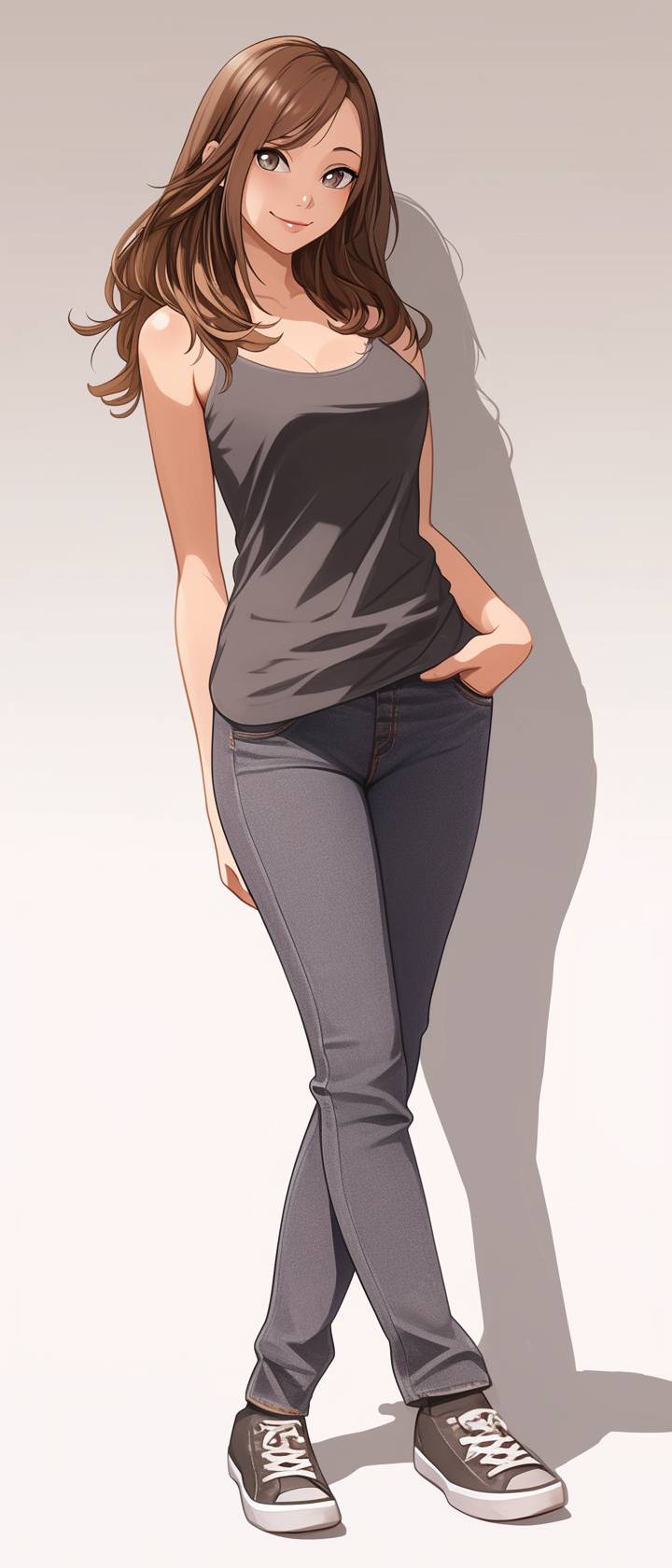 Personnage féminin d'anime en débardeur gris et jean skinny, tenue décontractée chic.