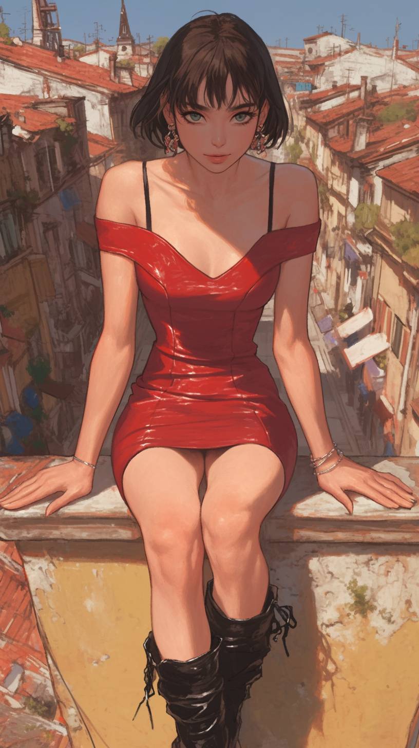 Garota de anime italiana em um vestido vermelho sob medida, com acessórios dourados e saltos altos, mostrando elegância e estilo.