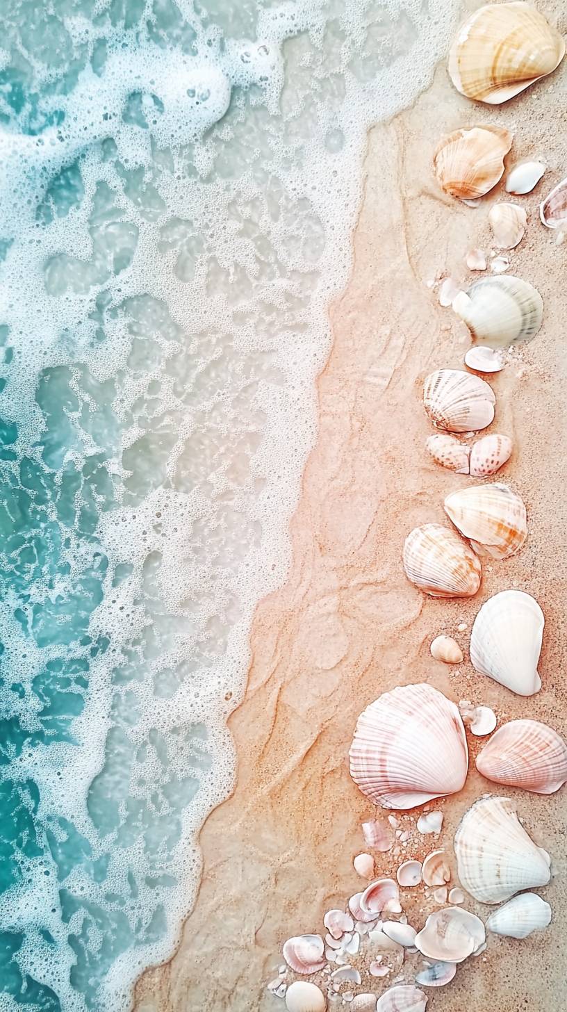 Praia calma com conchas em cores pastéis e ondas suaves.