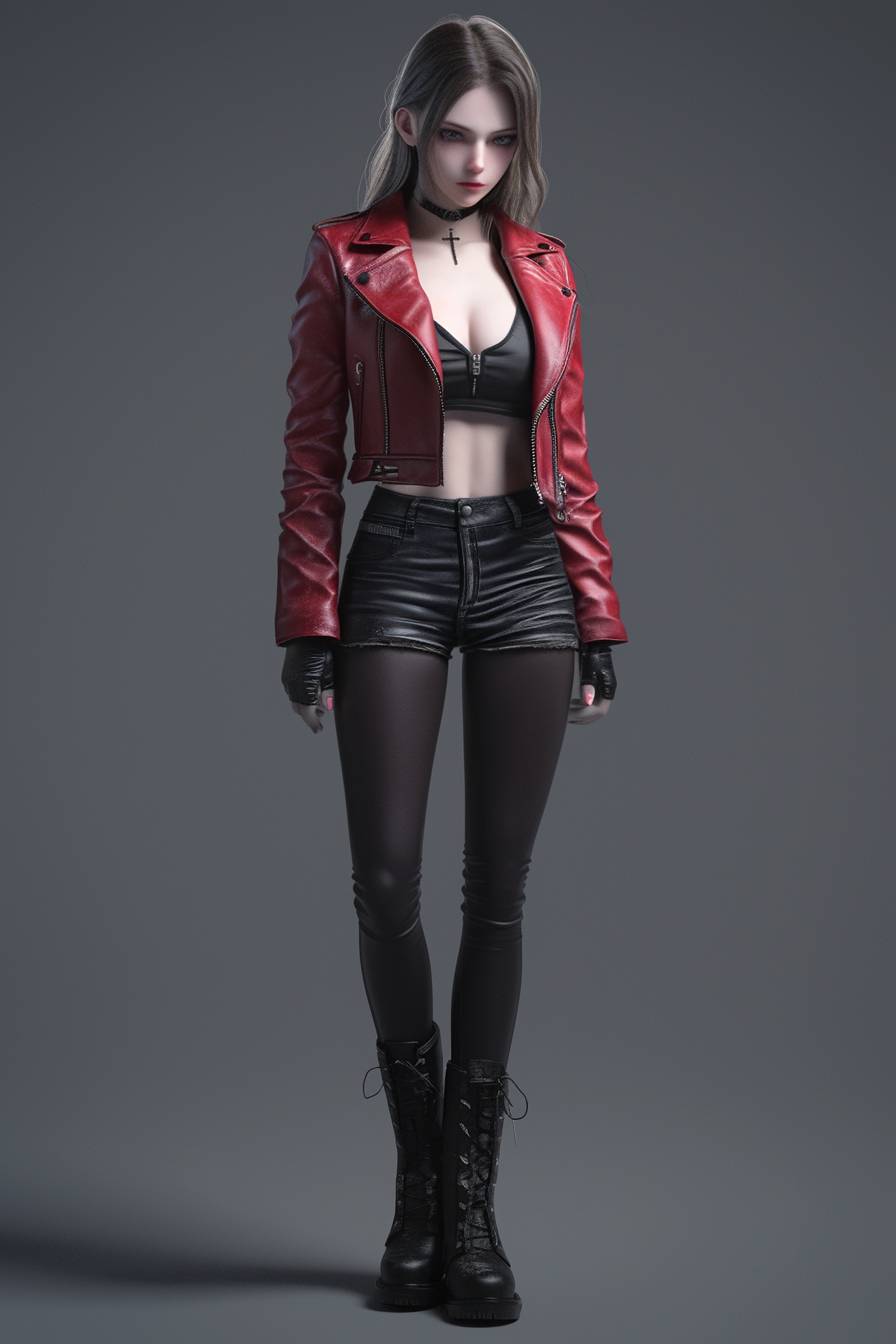 A CG realistic anime girl in a red leather jacket, black high-waisted pants, and combat boots exuding an edgy yet chic vibe.